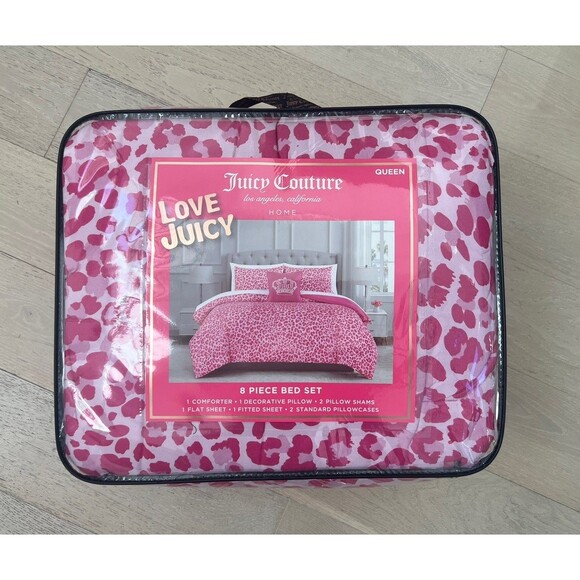 Juicy Couture Pink Leopard Queen 8pc Set Comforter Shams Sheet Set Pillow - Picture 1 of 4